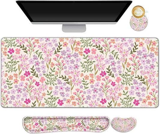 Large Gaming Mouse Pad Set, Ergonomics Keyboard Desk Mat with Memory Foam Wrist Rest, Computer PC Extended Game Mousepad, Non-Slip Desk Matt Easy Typing Pain Relief I Artistic Colroful Flowers