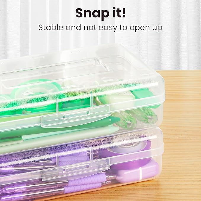 Sooez Plastic Pencil Case Box 6 Pack, Colored Large Craft Storage Bulk, Plastic Containers with Snap-tight Lids, Hobby Art School Supply Organizer, Marker Bead Pen Bins Organizer,Stackable
