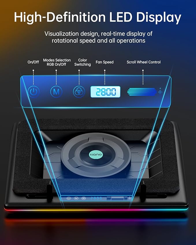 llano V12 Gaming Laptop Cooling Pad, RGB Laptop Cooler, Laptop Cooling Fan Stand with 5.5 Inch Powerful Turbofan, for 15.6-19in Laptop, Adjustable Speed, Dustproof, 3-Port USB Hub, Black (RGB)