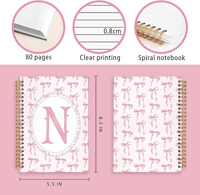 LIANGW Pink Bow Journal Notebook for Teen Girls,Initial N Journals Personalized Diary Gifts for Teen Girl Kids, Monogrammed Gifts for Women, Coquette Cute Hardcover Spiral Notebook 5.5 x 8.3