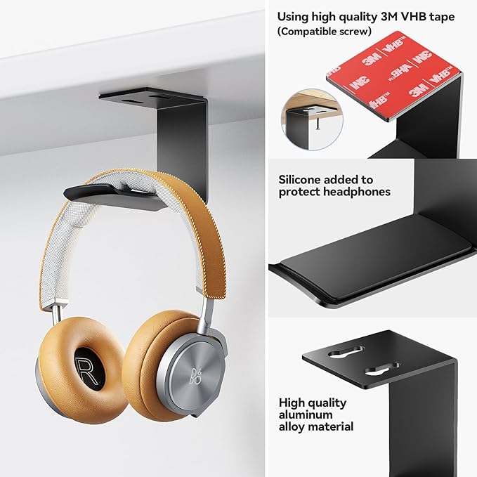 Headphone Stand Hanger,Headset Holder Mount,Hook with Strong Adhesive Tape for Headphones (H02-Black-1PCS)