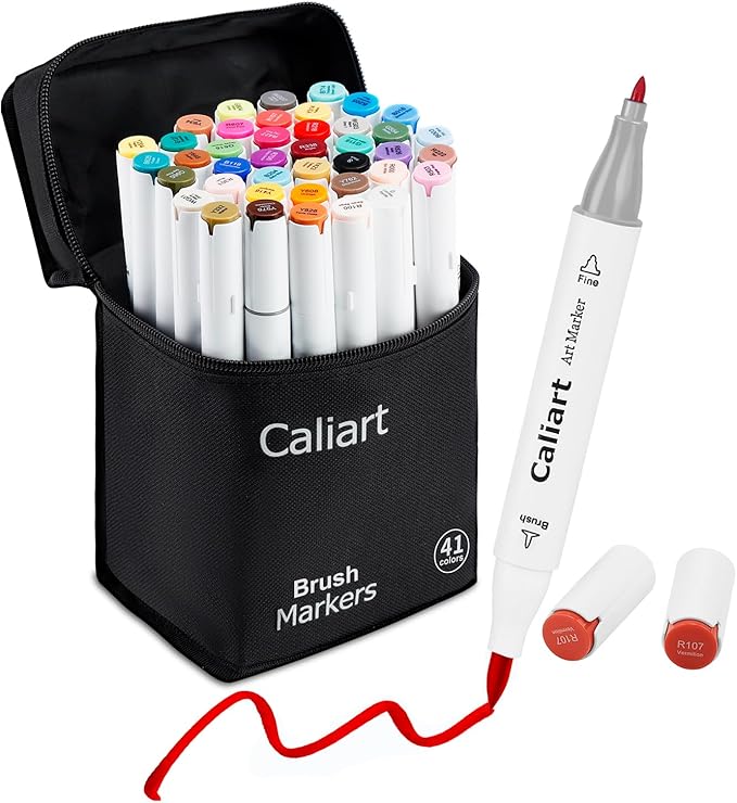 Caliart Art Markers, 41 Colors Alcohol Marker Pen Set Dual Tip Brush & Fine Permanent for Coloring Highlighters Anime Illustration Card Making Underlining Drawing Gifts