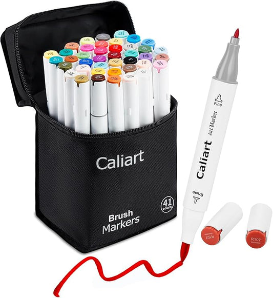 Caliart Art Markers, 41 Colors Alcohol Marker Pen Set Dual Tip Brush & Fine Permanent for Coloring Highlighters Anime Illustration Card Making Underlining Drawing Gifts