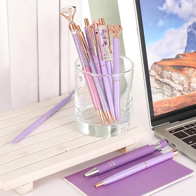 Janmini 9 Pcs Ballpoint Pens Set Metal Crystal Diamond Glitter Pens for Journaling Black Ink Pretty Cute Things Fancy Stationery Gifts for Women Girls Birthday Home Office Desk(Purple)