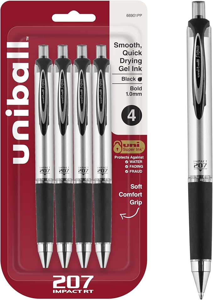 uniball 207 Impact RT Gel Pens, Bold Point (1.0mm), Black, 4 Pack