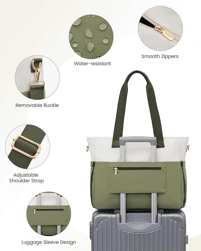 LOVEVOOK Upgrade Version Work Bags for Women 15.6 Inch Laptop Bag Large Capacity Mutiple Pockets Teacher Bag Water Resistant Canvas Tote Bag Purse for Office Travel College Nurse Teacher, Green Beige