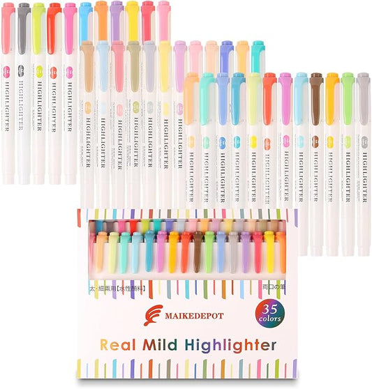 35Pcs Assorted Colors Highlighters, Pastel Highlighter Real Mild Markers Dual Tip Highlighter Markers Chisel and Fine Tips for Coloring, Underlining, Highlighting