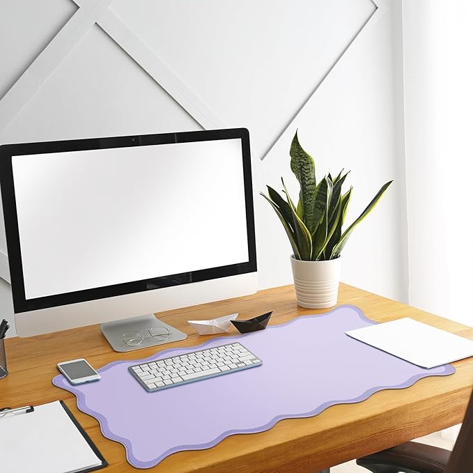 Scalloped Desk Mat Large Scalloped Piping Cute Desk Mat Aesthetic Preppy Table Pad Large Nonslip Pad with Edge Stitching Waterproof Gaming(Purple,23.62 x 13.78 Inches)