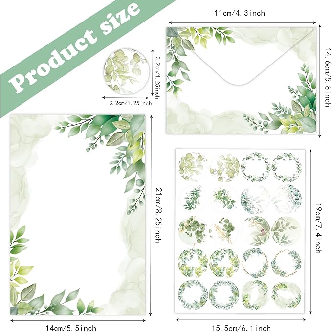 160 Packs Stationery Paper Set (50 Single-Sided Stationery Writing Papers 50 Matching Envelopes) 60 Round Dot Sticker, 10 Design Green Letter Paper Vintage Stationary Stes,5.5 x 8.25 Inch.