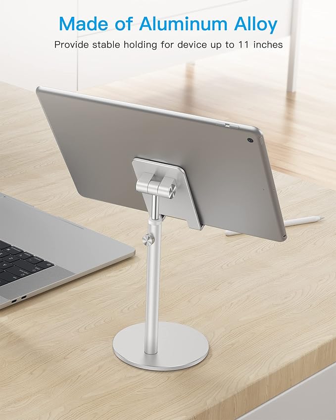 Cell Phone Stand, OMOTON Angle Height Adjustable Phone Stand, Aluminum Desktop Phone Holder Dock Stand for Desk, Compatible with iPhone 17 Pro Max, All Smartphones and Tablets(4-11''), Sliver