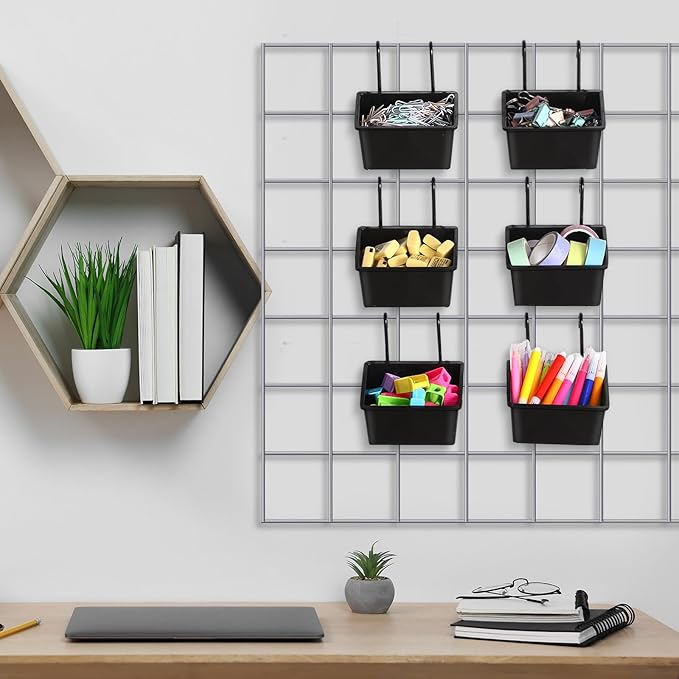 6 Pcs Grid Wall Storage Bin with Hooks, Square Box Shape Hanging Baskets, 3.5 x 2.5 x 1.8 Inch Pegboard Cups for Garage, Kitchen, Office, Craft Room Durable Space Saving Organizer