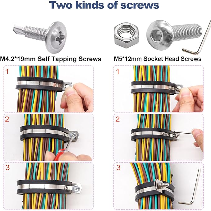 Taiss 50PCS 1/2 Inch Cable Clamps 304 Stainless Steel Rubber Cushion Insulated Wire Clamp,Pipe Clamps Loop Clamps,Metal Clamp With two kinds of screws (13mm)