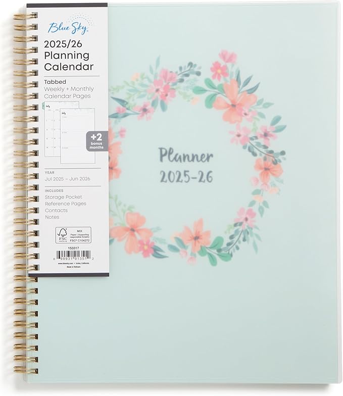 Blue Sky Weekly and Monthly Academic Year Planner Calendar, July - June, Flexible Cover, Wirebound, Laminated Tabs, Laurel (Laurel- 2025/2026, 8.5" x 11")