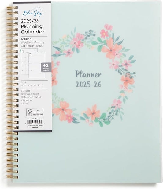 Blue Sky Weekly and Monthly Academic Year Planner Calendar, July - June, Flexible Cover, Wirebound, Laminated Tabs, Laurel (Laurel- 2025/2026, 8.5" x 11")