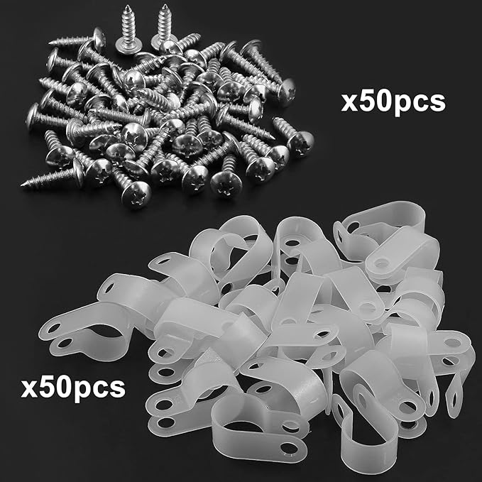 50Pcs 1/2 Inch Rope Light P-Style Clips with Screws, Cable Clip Wire Clamp Cable Organizer Cord Holder for Wire Management