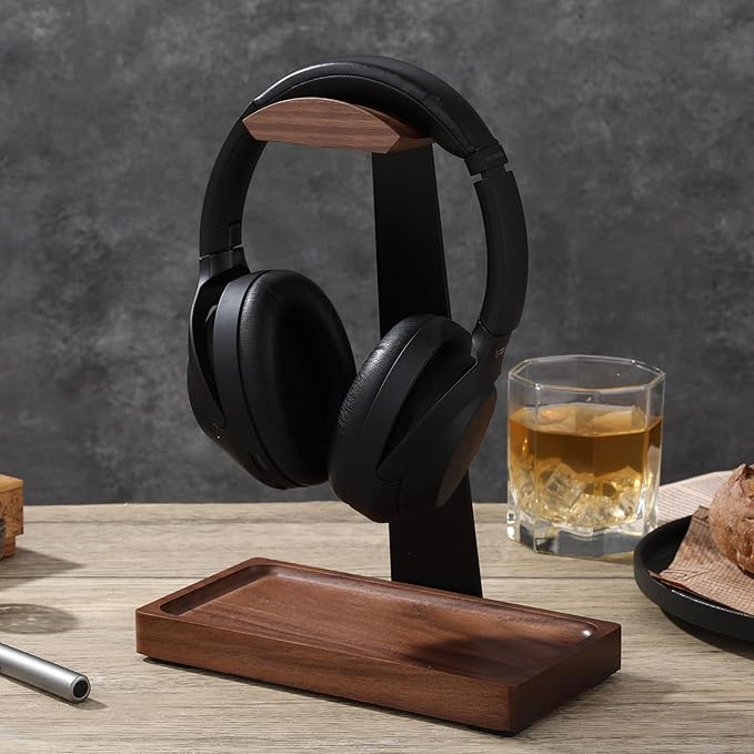 Walnut Headphone Stand, Wood Headset Stand for Desk, Wooden Universal Headphone Holder with Storage Base for Gaming, AirPods Max, Bose,Razer, Sennheiser (Black)