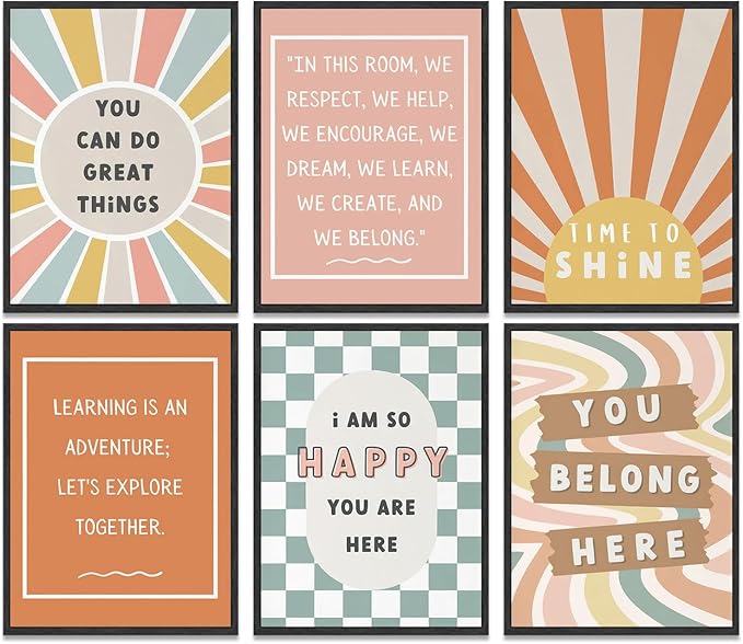 6Pcs Boho Inspirational Posters Wall Art Positive Affirmations Growth Mindset Canvas Wall Decor Pictures Modern Classroom School Posters Wall Prints for Children's Room nursery School 8x10in Unframed