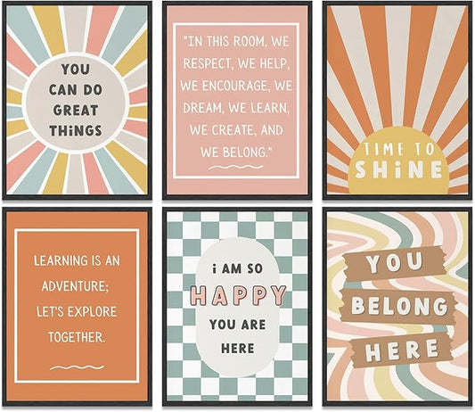 6Pcs Boho Inspirational Posters Wall Art Positive Affirmations Growth Mindset Canvas Wall Decor Pictures Modern Classroom School Posters Wall Prints for Children's Room nursery School 12x16in Unframed