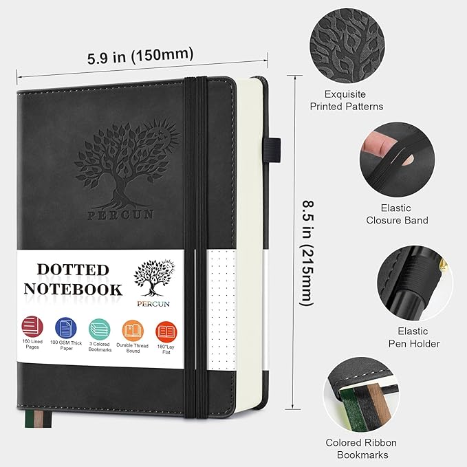 Dotted Journal Notebook for Men & Women, 160 Pages Dot Grid notebook for Note Taking, Bullet Journaling Notebook for Work, School, Travel, Writing, A5 Hardcover 5.9" x 8.5" (Black)