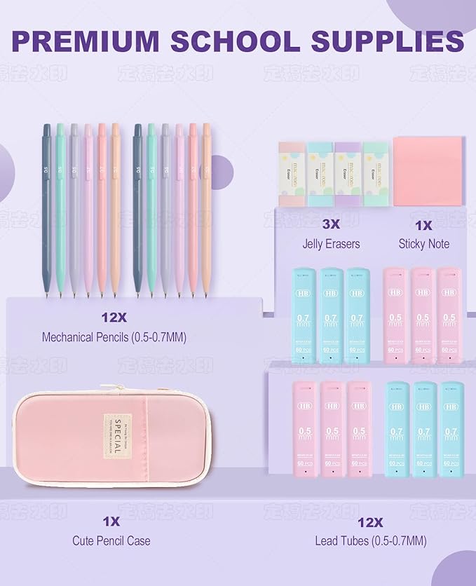 Aesthetic School Supplies with Cute Pencil Case, 12x Pastel Mechanical Pencils 0.5 & 0.7mm with 720x HB Leads, 4x Erasers and 1x Sticky Note, Suitable for Writing, Drafting Drawing Sketching(purple)
