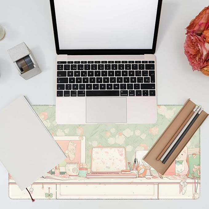 Desk Pad, Kawaii Anime Style Desk Mat, Green Cute Desktop Large Gaming Mouse Pad for Desk, 31.5"x15.7" Extended Big Computer Keyboard Mouse Pad with Non-Slip Base and Stitched Edge