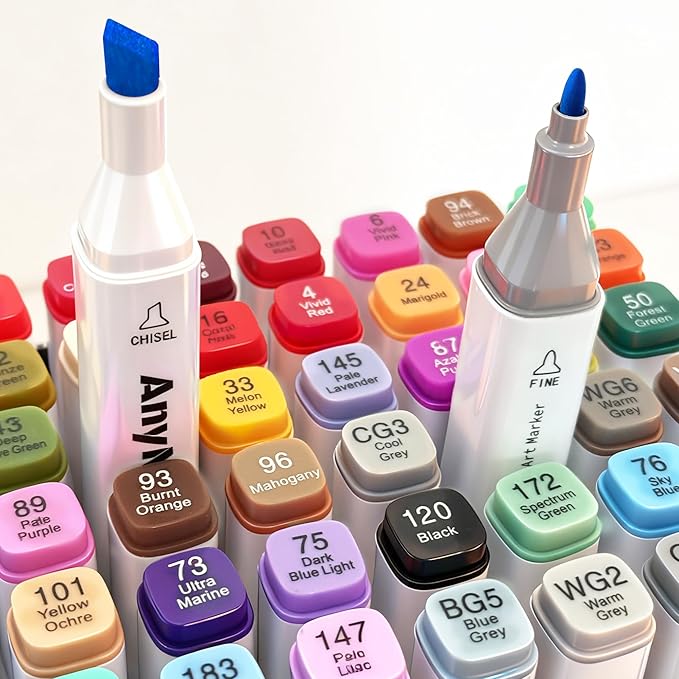 AnyMark Alcohol Markers, 100 Colors Dual Tip Art Coloring Markers Set for Adult Book Drawing Sketching Painting, Chisel & Fine, White Penholder