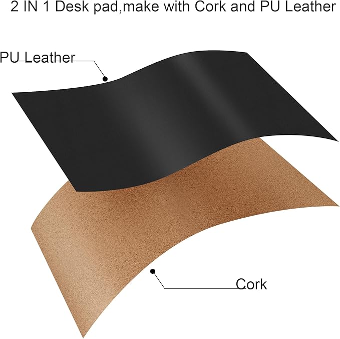 Chihein 63” x 20” Cork & PU Leather Desk Mat (Black) - Huge Mouse Pad, Double Sided Waterproof Desk Pad Protector for Gaming, Office, Home