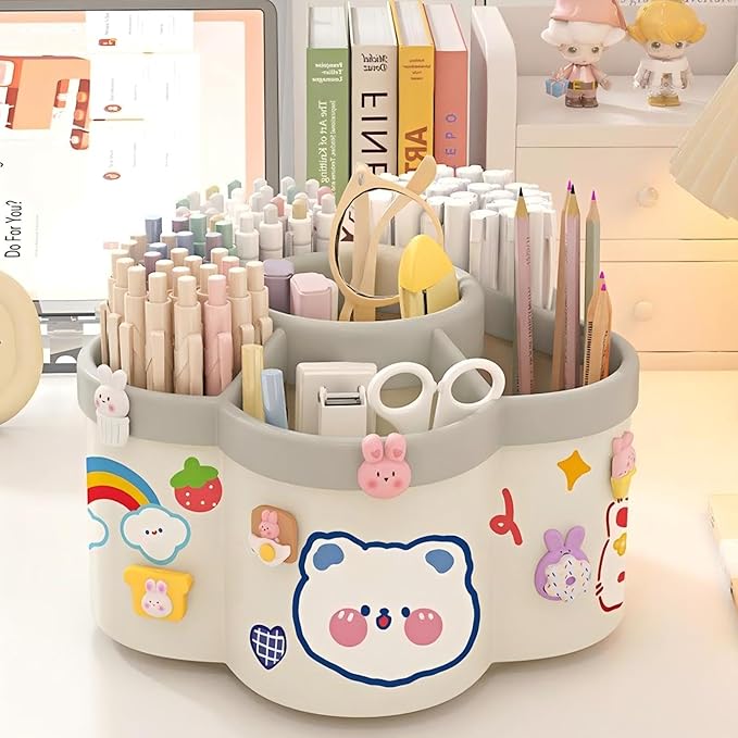 Pen Holder for Desk, 360°Rotating Pencil Pen Holder,Pen Organizer with 6 Slots, Large-capacity Desk Organizer,Office, School, Home Use (Beige)