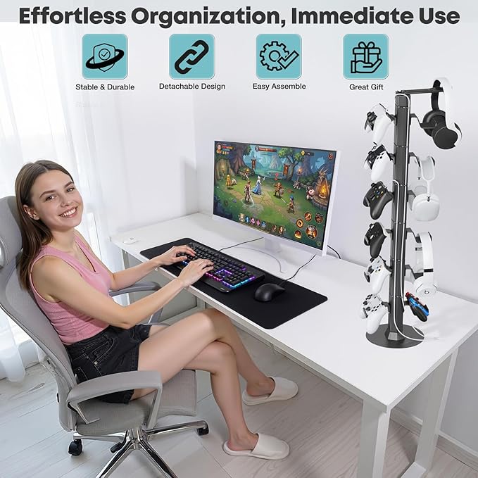 Gaming Controller & Headset Holder Stand for Desk, with Charger Cable Organizer Headphone Stand for PS5/ Xbox/ PS4/ Switch, Metal Base Controller Hook for Storage with 360° Rotatable Hanger- 6 Tiers