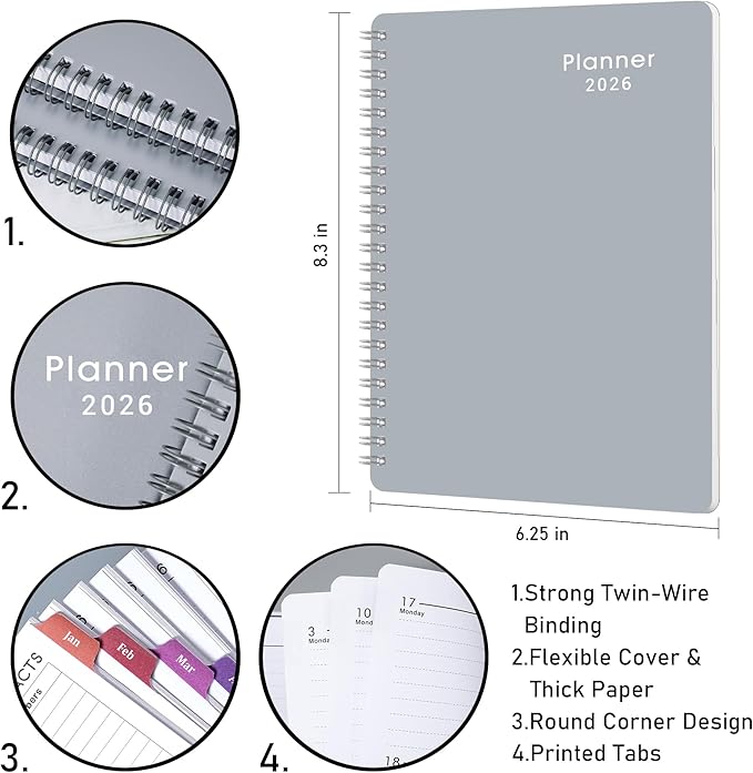 2026 Planner - Planner 2026 with Weekly & Monthly Spreads, Jan 2026 - Dec 2026, 6.25" × 8.3", Strong Twin-Wire Binding, Round Corner, Flexible Cover, Monthly Tabs - Grey