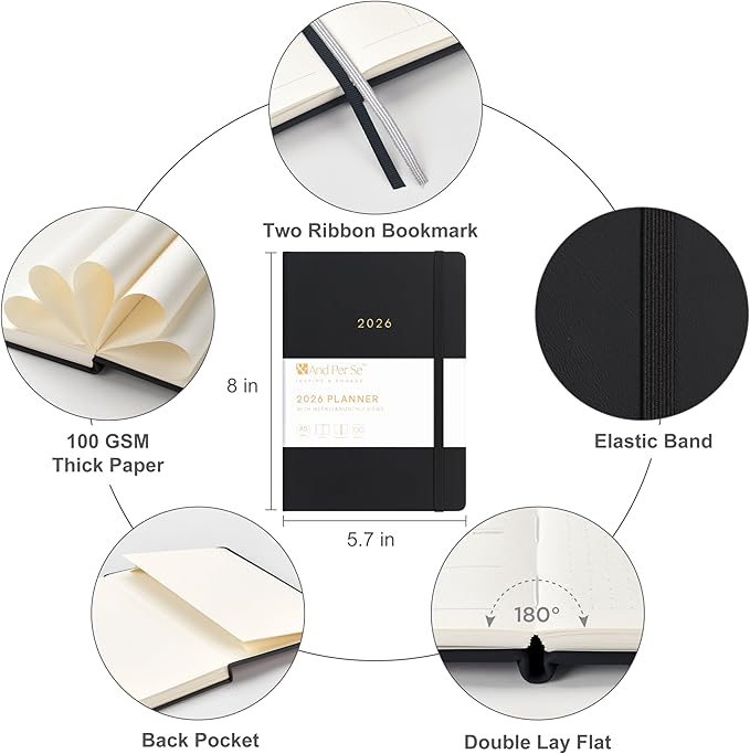 And Per Se 2026 Planner-Daily, Weekly & Monthly Leather Hardcover Planner, 5.7" x 8", Daily Schedule, 100 GSM Thick Paper, Back Pocket (Black)