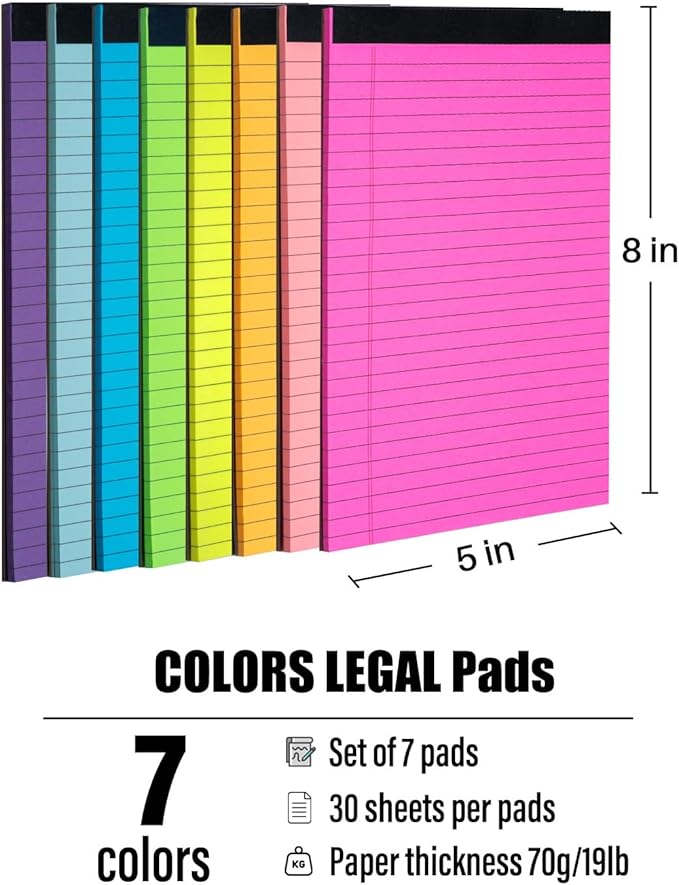 Colored Legal Pads 5x8 inches 8 Pack,70 GSM/19 LB Rainbow Wide Ruled Writing Pad High Brightness Neon Pads 8 Colors 30 Sheets Per Note pads for School,College,Office,Business-Small