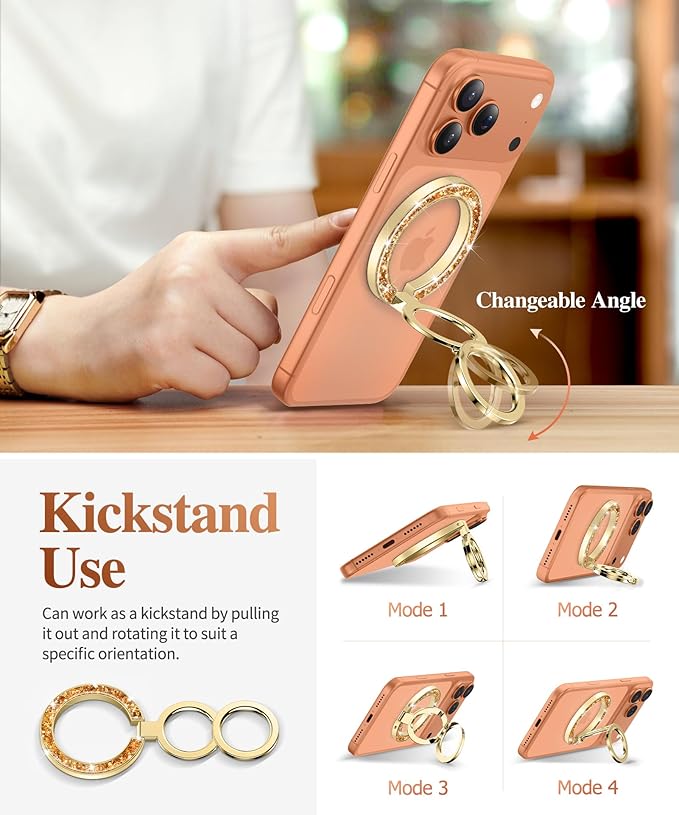 GVIEWIN Magnetic Phone Ring Holder, Compatible with MagSafe Phone Grip with Adjustable Stand, Magnet Phone Ring Kickstand for iPhone 17/16/15/14/13/12 Pro Max Plus Air/Other Phones (Glitter/Copper)