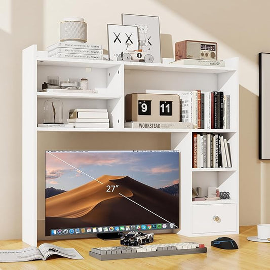 ELECWISH Desktop Bookshelf, Desk Shelf with Drawer for Computer Desk, 35.04" 6-Tier Adjustable Desktop Hutch Organizer for Home Office, White