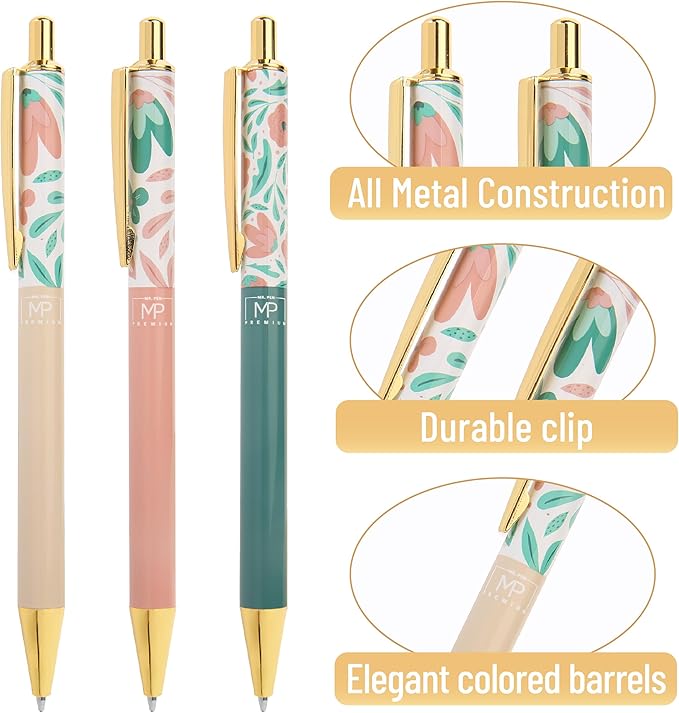 Mr. Pen- Luxury Floral Pen Set, 3 pcs, Black Ink Ballpoint Pens, Floral Pen, Fancy Pens for Women, Cute Pens for Journaling, Valentine Gift