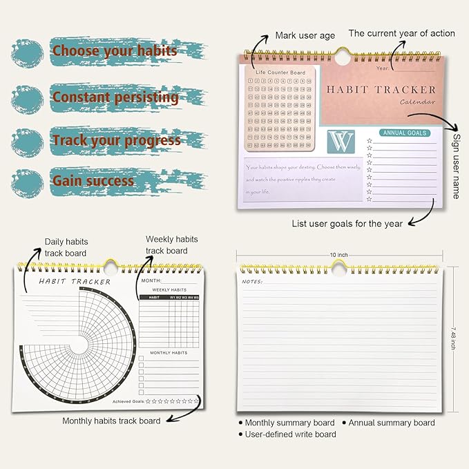 Habit Tracker Calendar and planner with notebook - Inspirational Habit Journal with Spiral Binding which fixable on wall - Daily Weekly monthly Habit Tracker Journal and Goal Planner - Motivational