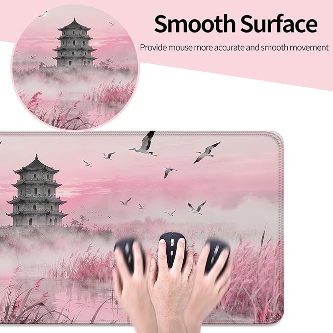 Fantasy Pink Tower and Egret XL Large Desk Mat, Extended Long Desk Pad for Gaming and Office, Non-Slip Rubber Base, Comfortable Surface Mouse Pad, 31.5x11.8 in (H23)