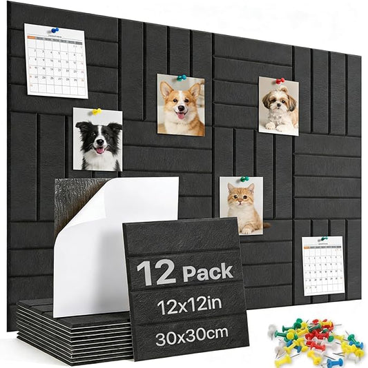 Large Cork Board Alternative,Felt Bulletin Board Tiles with 35 Pushpins,Black Bulletin Board, 12 Pack 12"X12"X0.4" Felt Cork Board Tiles with Self Adhesive for Office Pin Board, Home & Classroom
