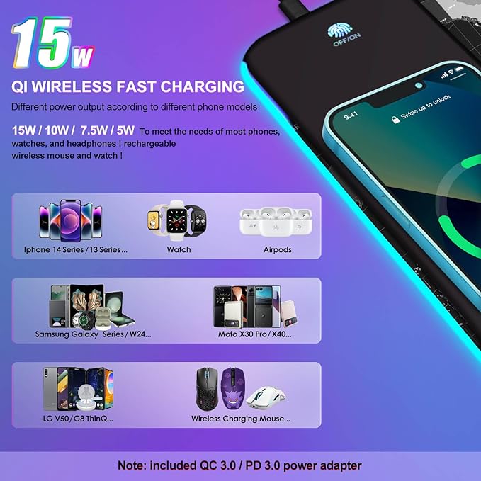 ToLuLu Wireless Charging RGB Gaming Mouse Pad, 15W LED Mouse Mat with 30W Charger, 14 Light Modes Large Mousepad with Wrist Support, Non-Slip Rubber Base Desk Mat Computer PC Keyboard Pad World Map
