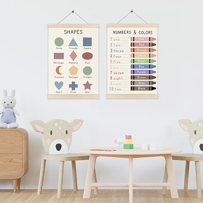 Koesus Colored Numbers and Shapes Wall Art Poster Hanger Frame 12x16 Inch Set of 2, Educational Learning Canvas Pictures Prints Framed Wall Decor for Classroom Toddler Kids Room Nursery Playroom