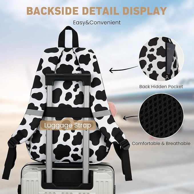 School Backpack for Teen Girls, Cute College Backpacks for Women Students Aesthetic Bookbag Large 15.6 Inch Laptop Bag Middle School Travel Back Pack (Cow Print Black)