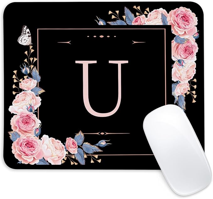 Letter U Black and Pink Flowers Square Mouse Pad, Mouse Pad with Stitched Edge and Non-Slip Rubber Base,Mouse Mat,Home Office Decor Desk Accessories,9.4x7.8x0.12 inch Square Mouse Pad