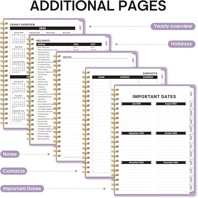 2026 Planner, Weekly and Monthly Calender Planner, Jan 2026 to Dec 2026, Hardcover 2026 Calendar Book with Tabs & Inner Pocket, Office Home School Supplies for Women & Men - A4 (8.5" x 11"), Purple