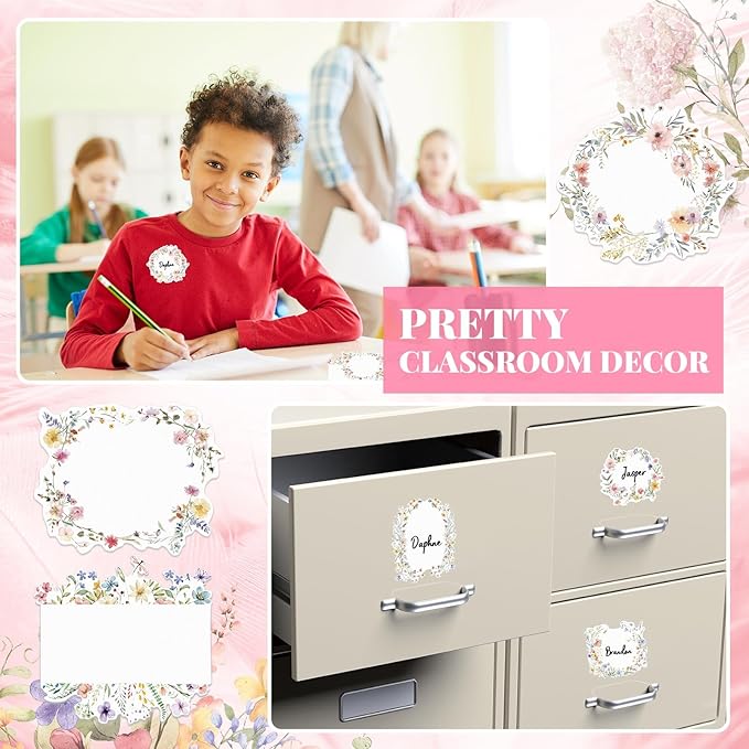 Sabary 90 Pcs Cutout Name Tags Water Bottle Labels Daycare Labels Self Adhesive Name Stickers Gift Tags for Classroom Home Desk Bulletin Board Decoration Party Favor 10 Sheets (Flower)