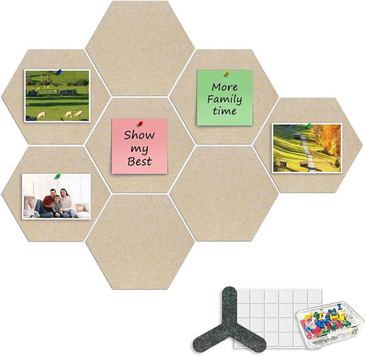 8-Pack Hexagon Felt Cork Board, 1/2" Thick Felt Bulletin Pinboard with 80 Push Pins, Adhesive Tabs, Geometric Cork Wall Tiles for Photos, Memos, Home & Office Decor (Beige)
