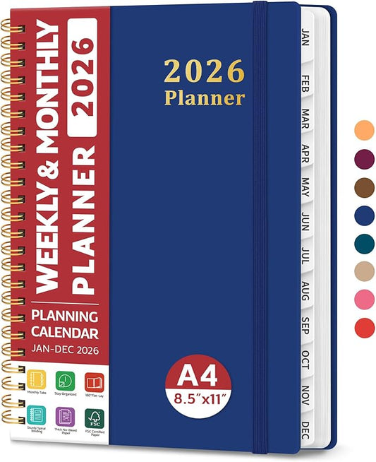 2026 Planner, Weekly and Monthly Calendar Planner, January 2026 - December 2026, Hardcover 2026 Calendar Book with Tabs For Women & Men, Inner Pocket, Spiral Bound, Perfect for Office Home School Supplies - A4 (8.5" x 11"), Deep Blue