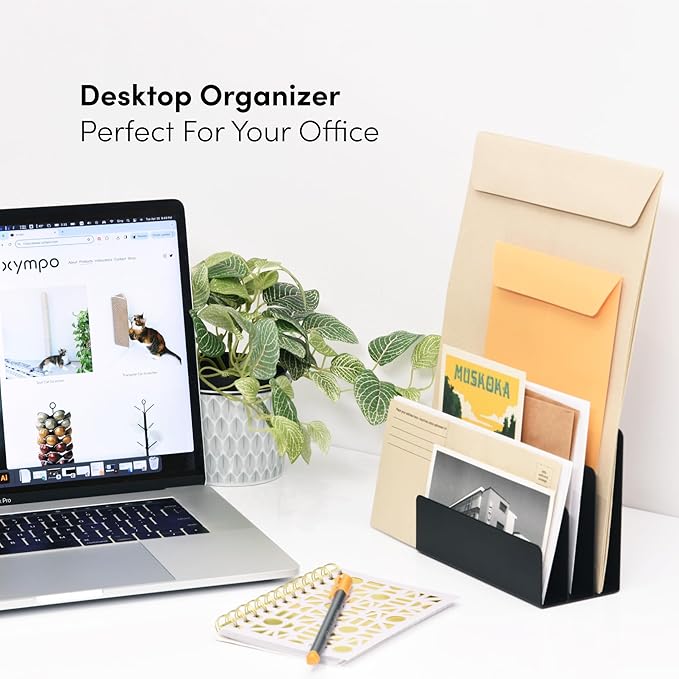 Desktop Mail Organizer – 3-Slot Black Metal Letter Holder and Bill Sorter for Office and Home