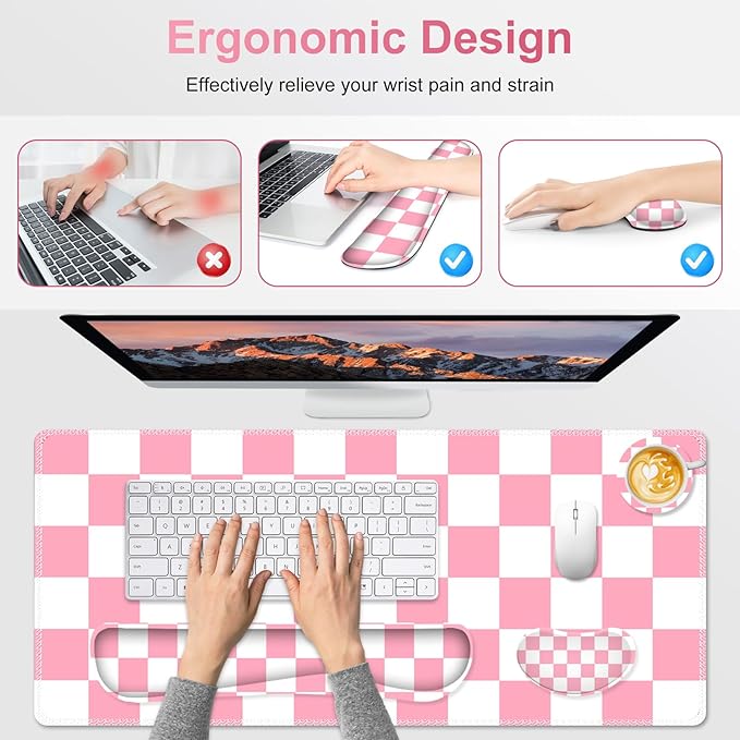 Pastel Pink White Checker Mouse Pad Set, 4 in1 Ergonomics Keyboard Desk Mat with Memory Foam Wrist Rest, Extended Game Mousepad, Non-Slip Large Gaming Desk Pad Matt Easy Typing Pain Relief