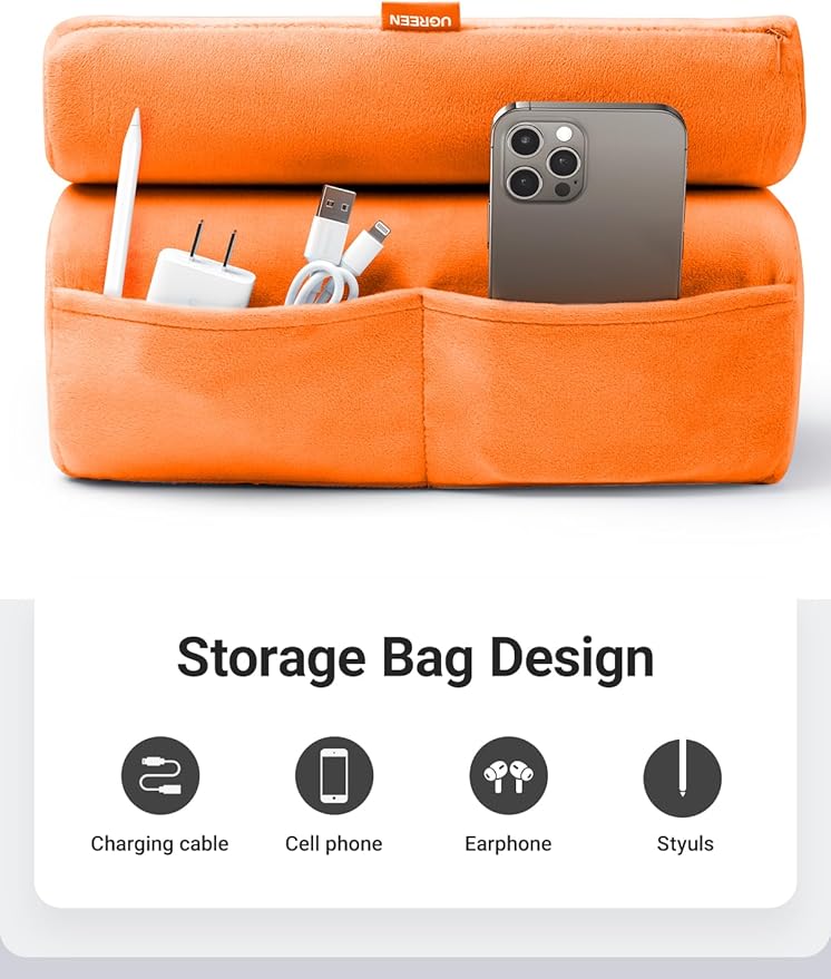 UGREEN Tablet Pillow Stand for Lap Soft Holder Bed with 3 Viewing Angles Adjustable Home Office Accessories Compatible with iPad Pro 13 12 11 10.5 Air Mini 5 4 3 2 Phone 16 15 14 E-Reader Orange