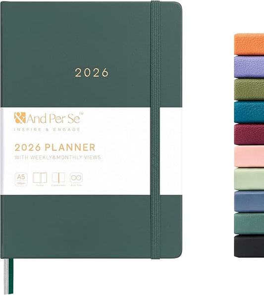 And Per Se 2026 Planner-Daily, Weekly & Monthly Leather Hardcover Planner, 5.7" x 8", Daily Schedule, 100 GSM Thick Paper, Back Pocket(Forest Green)